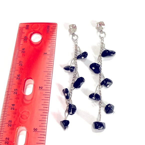 Drop Earrings Black Semi Precious Stones Silver Tone Rhinestone - Picture 3 of 4